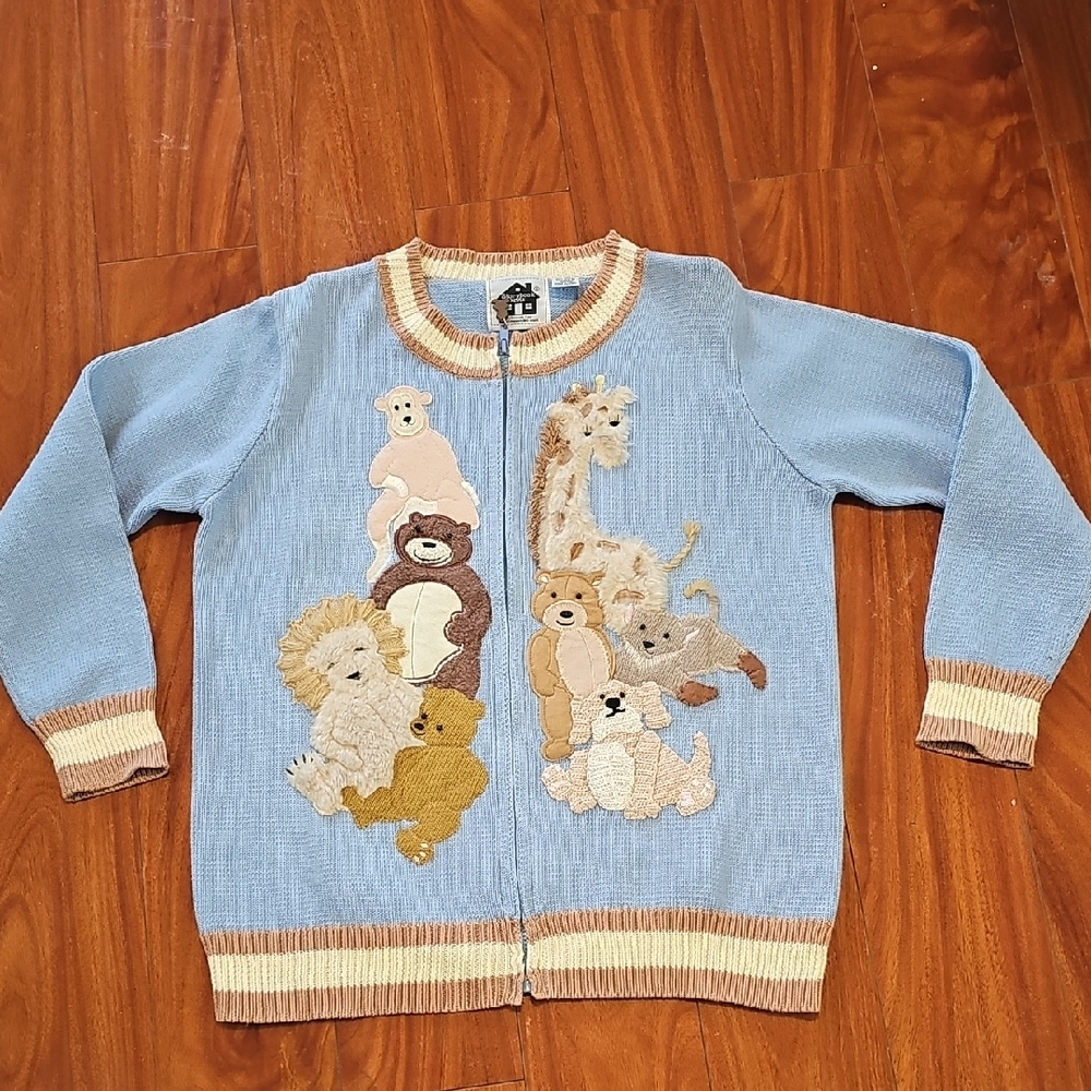 Storybook Knits Zip Up Cardigan With Jungle Animals Sz L